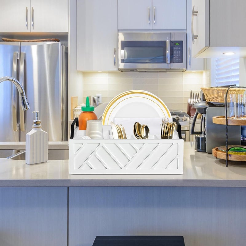 Ukonvi Paper Plate Dispenser and Holder for Kitchen Counter, Wood Rustic Silverware Utensil Caddy, Cutlery Flatware Organizer Box for Cups Spoons Forks Napkins, Kitchen Accessories (White) - Image 3